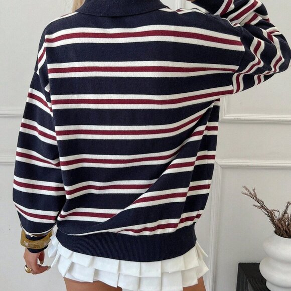 Navy Blue Casual Women's collar Striped knit Sweater top - Picture 2 of 7